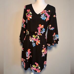 A‎ New Day Black Floral Long Sleeve Dress with Bell Sleeves – Casual/Everyday